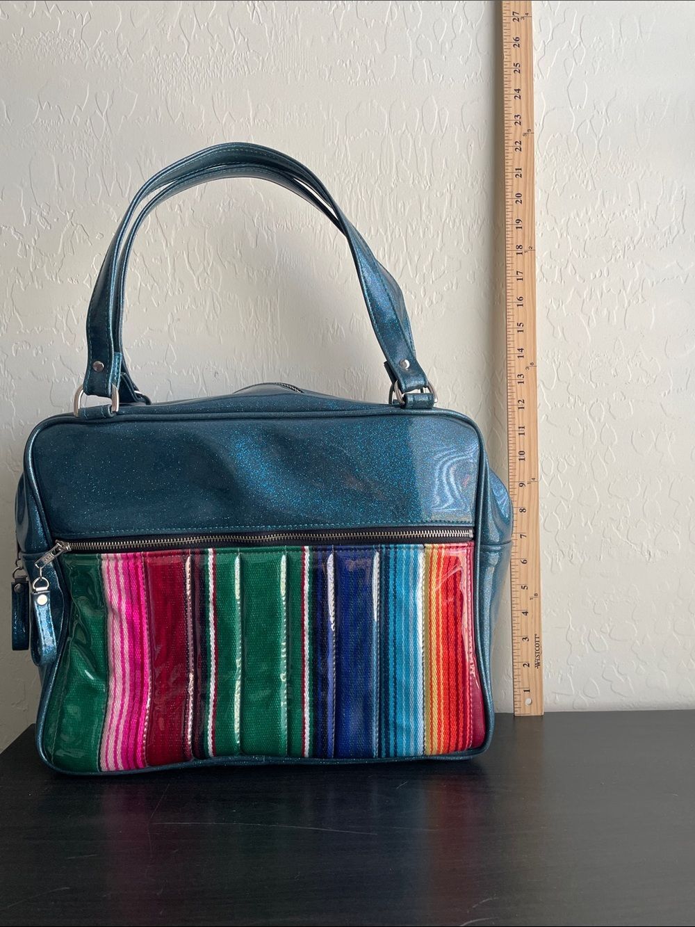 Trophy Queen Metallic Teal Shoulder Bag with Multicolor Stripe Front - Picture 4 of 7